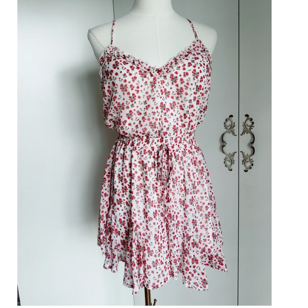 Y2k Floral Print Romper Womens Size Small Red White spaghetti straps Ruffles